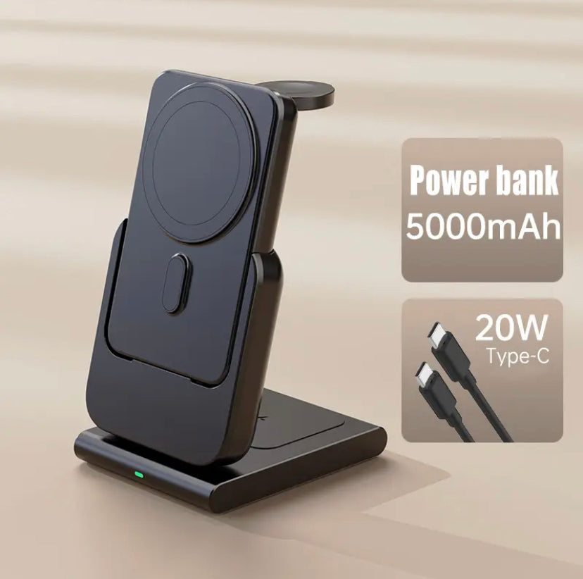 3 in 1 Wireless Charging Station Foldable Fast Charger Stand with Portable Battery Power Bank